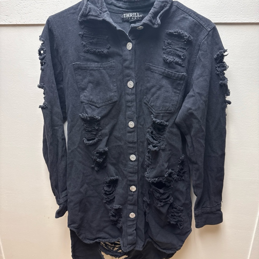 Thrill Jeans Sz Medium Distress Black Jean Jacket